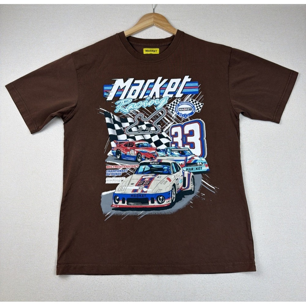 Market Crew‎ Neck Racing Short Sleeve Graphic T-Shirt Large Brown Cotton Casual